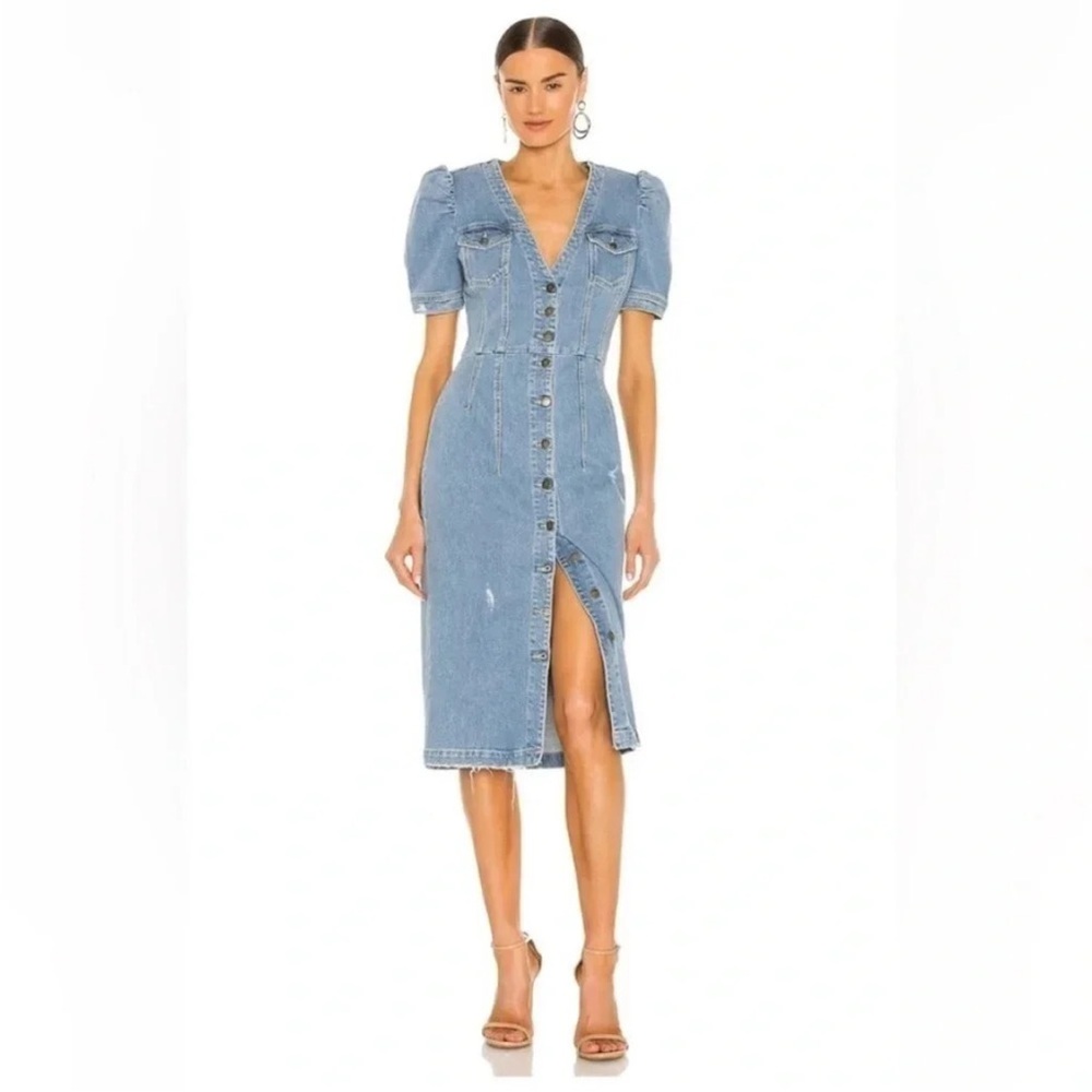 NWT Retrofete Annie Denim Button Up Puff Sleeve Dress in Laguna XS - Picture 2 of 16
